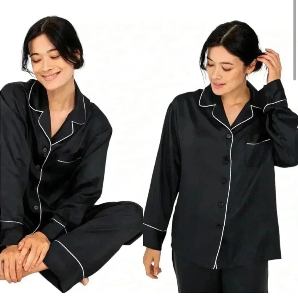 NEWโ Ettitude S Onyx Black Pajama Long Sleeve Shirt Top with White Trim